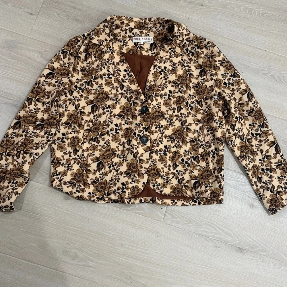 Free People Cali Floral Boxy Blazer M Brown Tan Boho Cottagecore Retro Oversized
